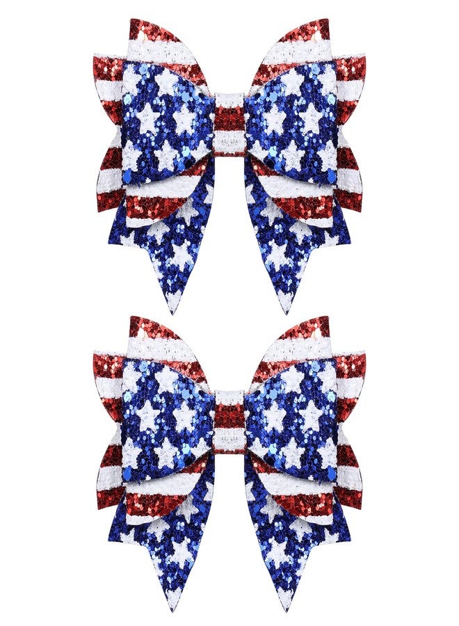 melyde Independence Day Hair Bow Clips 3.5 Inch Sparkly Glitter Patriotic Hairpins Handmade Memorial Day Accessories for Teens Girls, Blue&Red - Image 1
