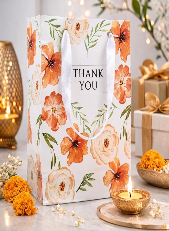 FONSIE paper bags || Luxury small gift bags (8.25 * 6 * 3 inches) gift bags for gifting in wedding, Diwali, baby shower, birthday, return gifts, goodies-Pack Of 5 (Floral | Orange). - Image 1