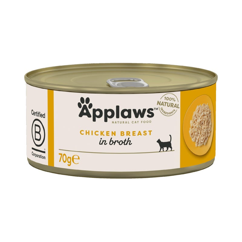 Applaws Natural Premium Wet Cat Food for Adult Cats, Chicken Breast in Broth Pack of 4 x 70g Cans - Image 1