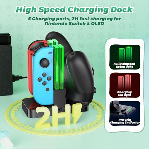 FastSnail Controller Charger for Nintendo Switch & OLED Model for Joycon, Charging Dock Station for Joy con and Pro Controller with Charger Indicator & Type C Cable for NS NES Games - Image 2