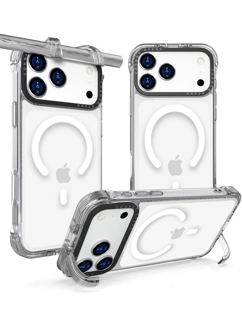 Techie iPhone 17 Pro Max MagSafe Clear Case with Built-in Hidden Foldable Edge Bracket Stand Holder - Shockproof TPU + PC Hard Back Acrylic, Anti-Yellowing Bumper Case - Image 1