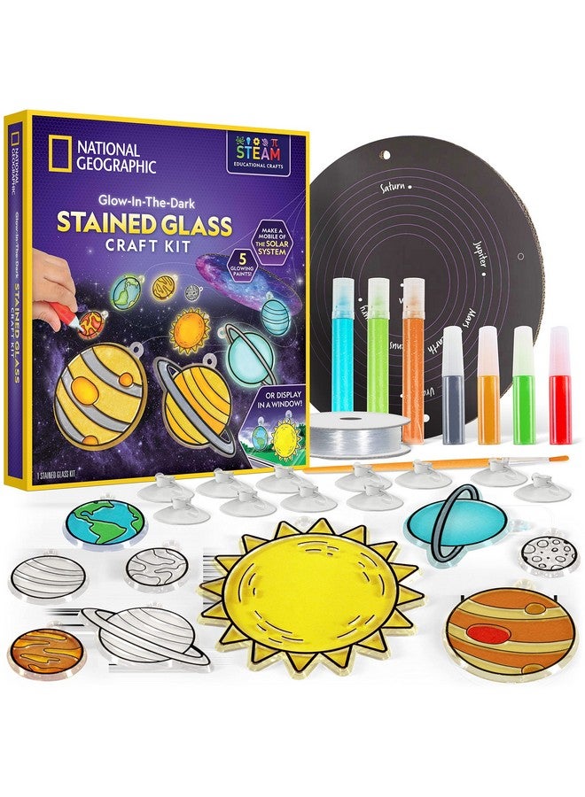 NATIONAL GEOGRAPHIC مجموعة أدوات فنية للأطفال على شكل نظام شمسي من الزجاج الملون ومجموعة أدوات فنية وحرفية مع كواكب متوهجة في الظلام يمكن استخدامها كزينة معلقة على السقف لتزيين غرفة الفضاء المتنقلة - Image 2