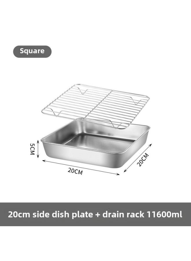 304 Stainless Steel Deepened Baking Tray Japanese Flat Bottom Hotel Tray Square Drain Tray With Lid Preservation Box-Specifications:304# Single Disc 20*20*5.0CM Net Rack - Image 1
