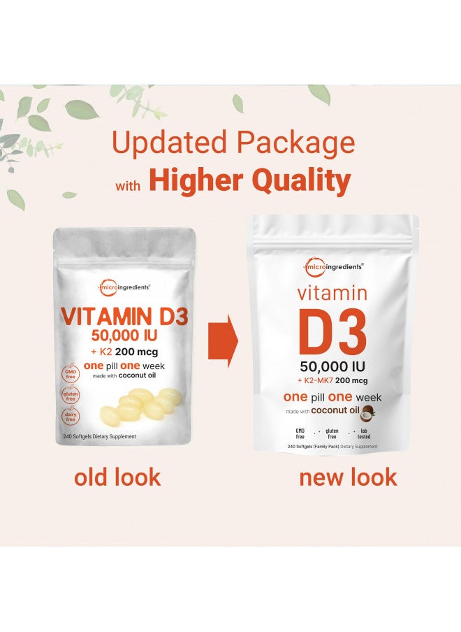 Vitamin D3 50,000 IU Plus K2 (MK-7) 200 mcg, 240 Virgin Coconut Oil Softgels | 2 in 1 Vitamins D & K Complex | Supports Calcium Absorption, Bone, Immune, & Heart Health | Easy to Swallow