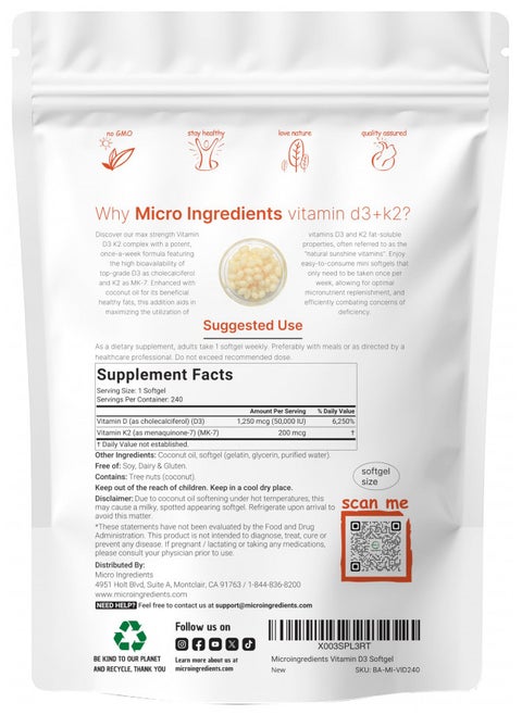 Vitamin D3 50,000 IU Plus K2 (MK-7) 200 mcg, 240 Virgin Coconut Oil Softgels | 2 in 1 Vitamins D & K Complex | Supports Calcium Absorption, Bone, Immune, & Heart Health | Easy to Swallow