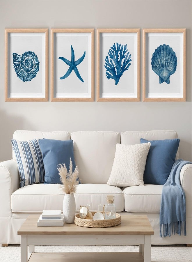 Memorywuu 4 Pack Framed Coastal Wall Art Set, Seashell Starfish Coral Conch Prints with Wooden Frame Beach Nautical Wall Decor for Home Bathroom Living Room Bedroom, 10.5 x 8.5 Inch - Image 1