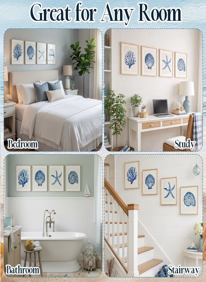 Memorywuu 4 Pack Framed Coastal Wall Art Set, Seashell Starfish Coral Conch Prints with Wooden Frame Beach Nautical Wall Decor for Home Bathroom Living Room Bedroom, 10.5 x 8.5 Inch - Image 5
