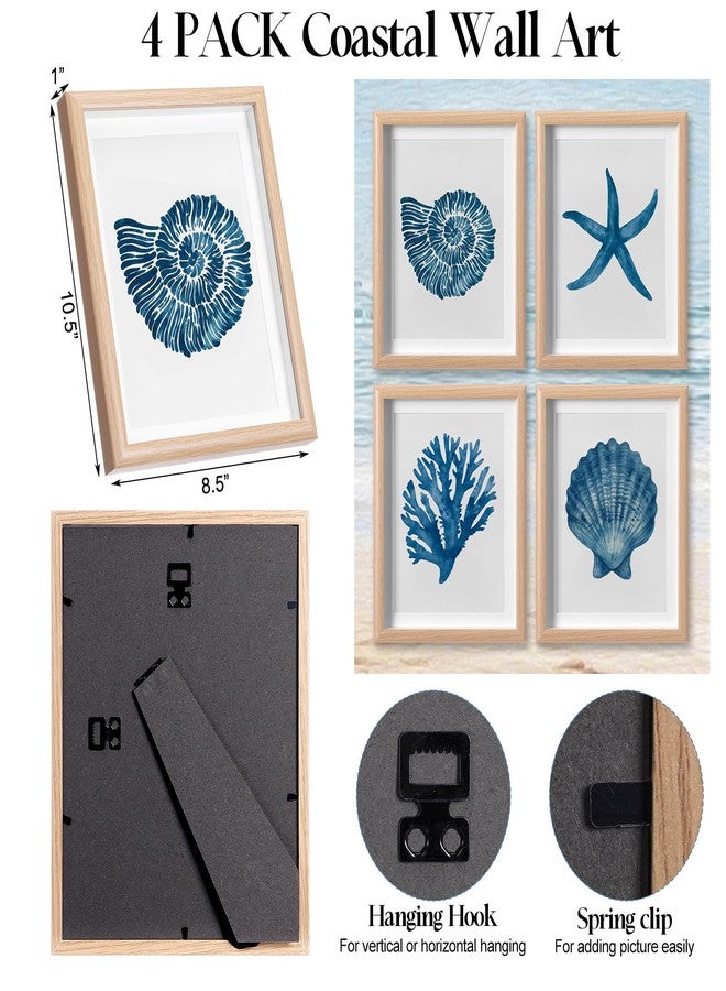Memorywuu 4 Pack Framed Coastal Wall Art Set, Seashell Starfish Coral Conch Prints with Wooden Frame Beach Nautical Wall Decor for Home Bathroom Living Room Bedroom, 10.5 x 8.5 Inch - Image 2