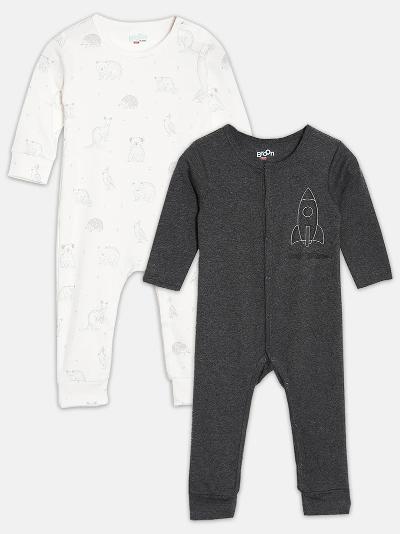 Broon Broon Infant Boys Off White and Black Printed Organic Cotton Sleepsuit Pack of 2