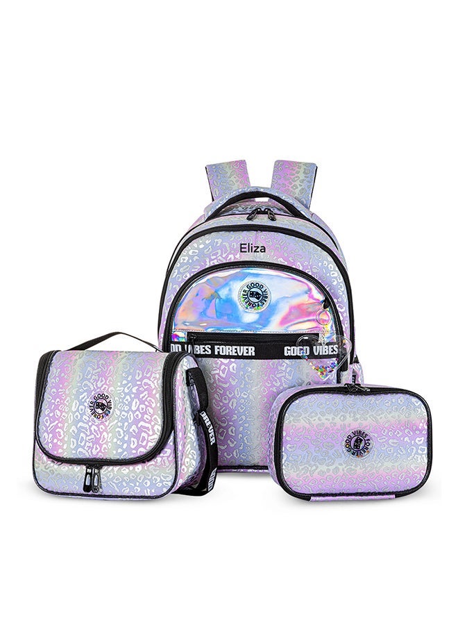 Eazy Kids - Personalized 17" School Bag Set of 3 w/Lunch Bag and Pencil Case - Good Vibes - Silver - Image 2