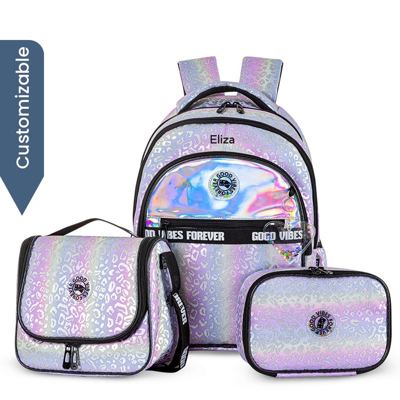 Eazy Kids - Personalized 17" School Bag Set of 3 w/Lunch Bag and Pencil Case - Good Vibes - Silver - Image 1