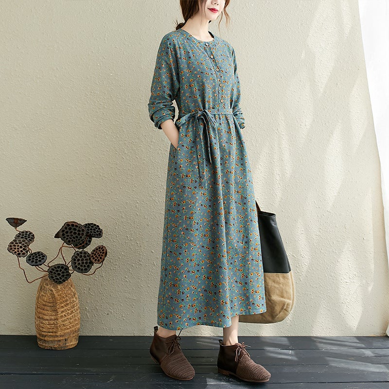 knee length dresses for ladies Plus Size Women Literature Lattice Loose Elbow Sleeve Dark Blue Dress –  BUYKUD main image 0