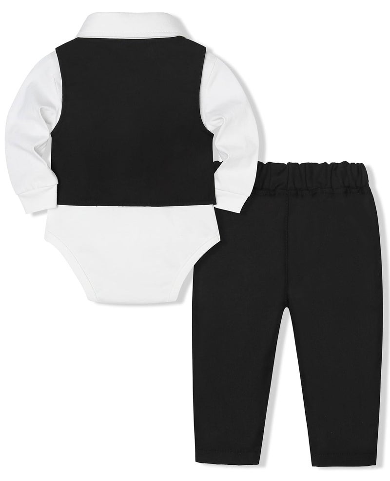 Juivesia Baby Boy Clothes Suits Infant Gentleman Wedding Outfit Formal Dress Shirt Vest Bowtie Pants 4Pcs Baby Suit Sets (Black, 6-12 Months) - Image 2