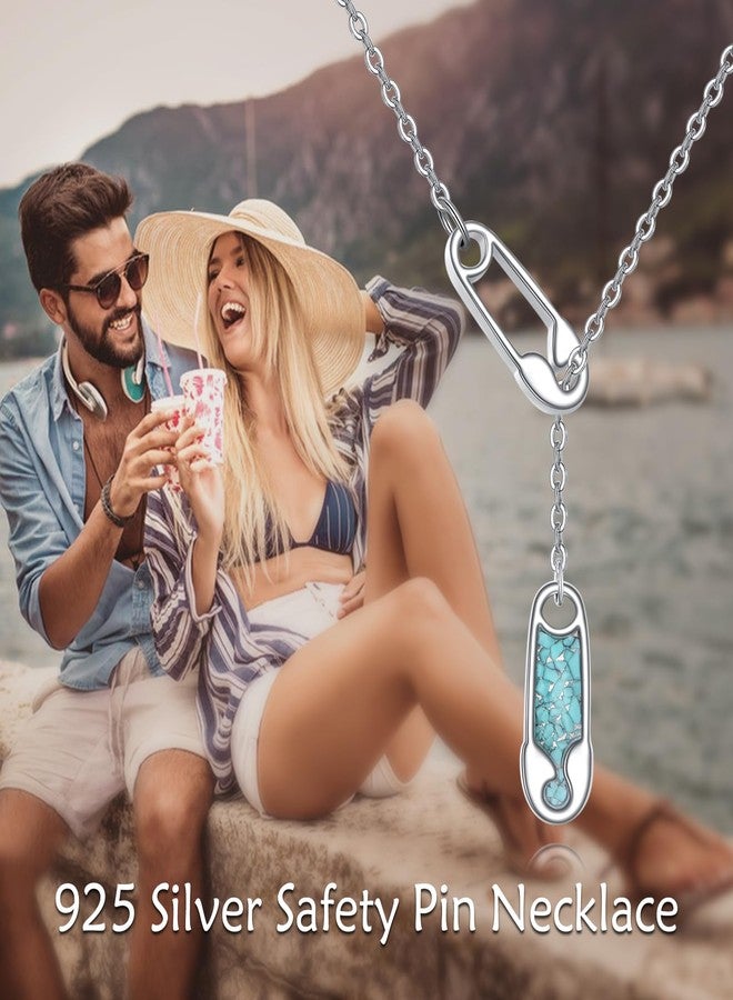 YFN Safety Pin Necklace with Turquoise 925 Sterling Silver Safety Pin Y Jewelry for Women - Image 2