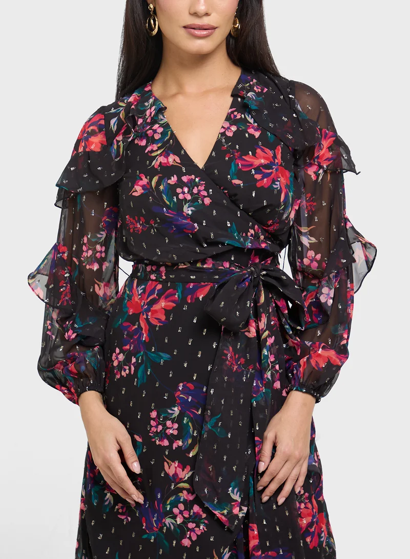Frock and Frill Printed Ruffle Detail V-Neck Maxi Dress
