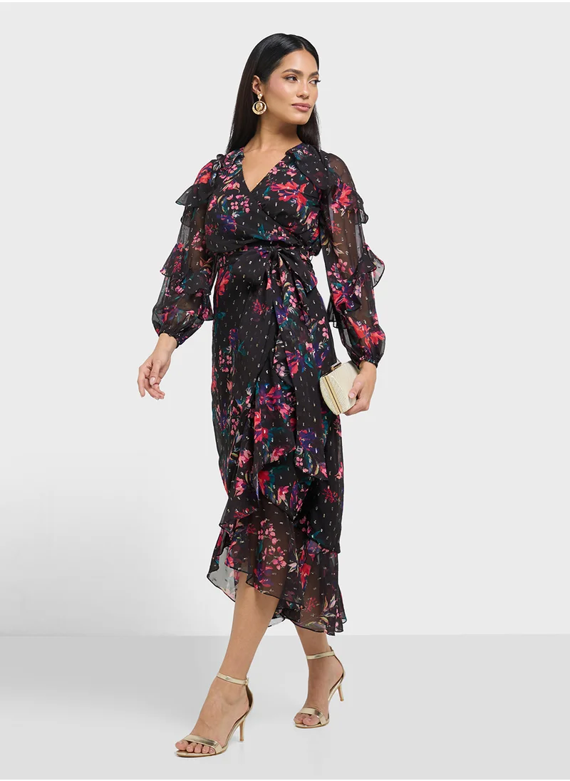 فروك اند فرل Printed Ruffle Detail V-Neck Maxi Dress