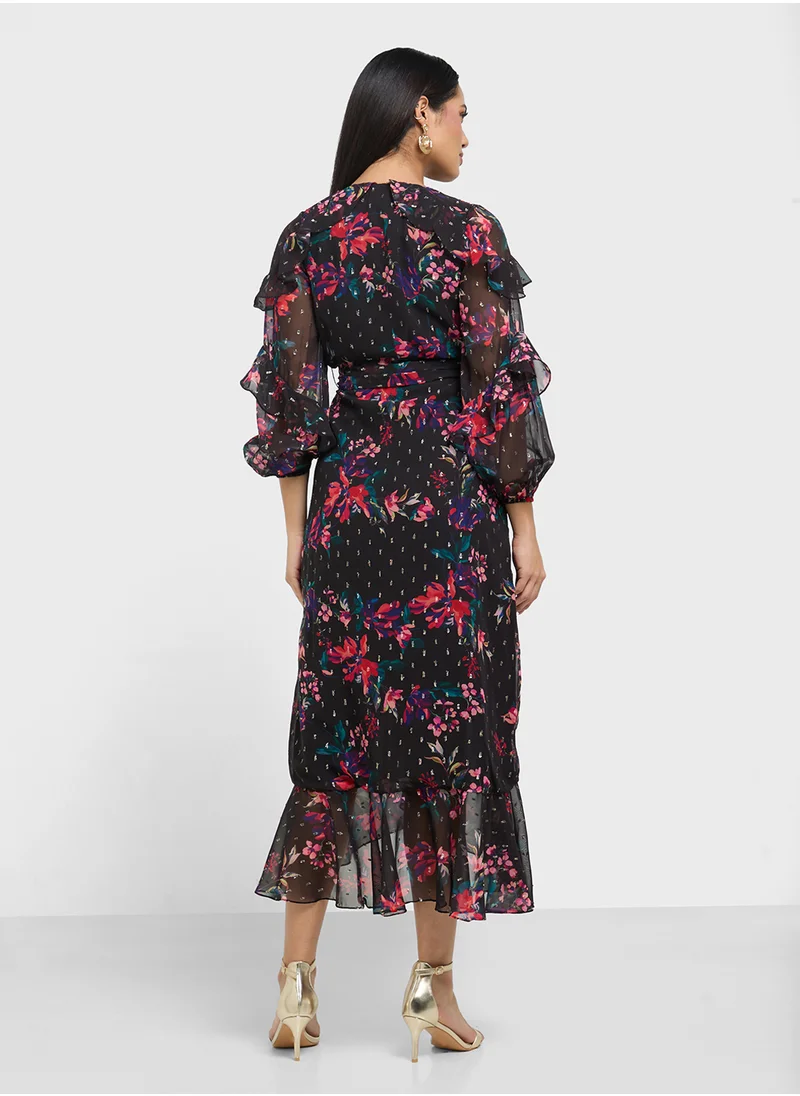 فروك اند فرل Printed Ruffle Detail V-Neck Maxi Dress