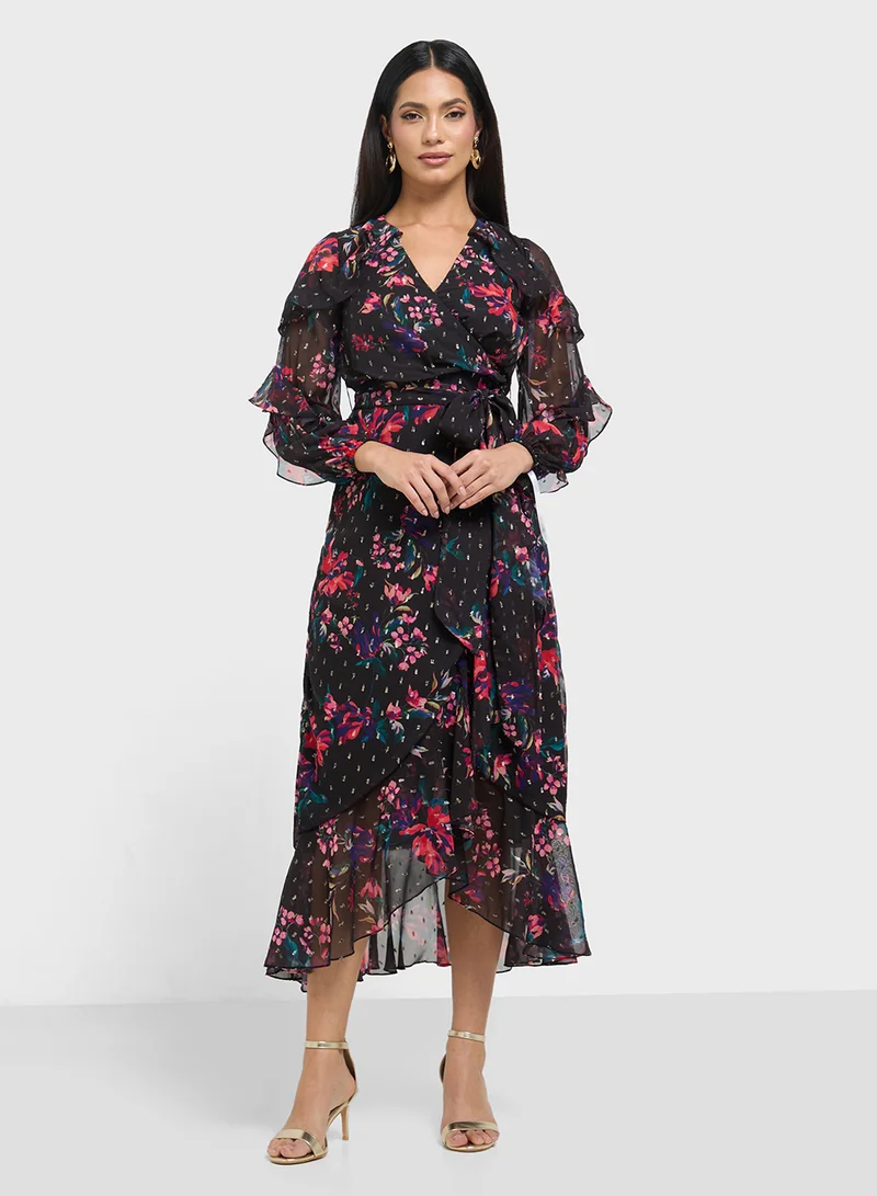 Frock and Frill Printed Ruffle Detail V-Neck Maxi Dress