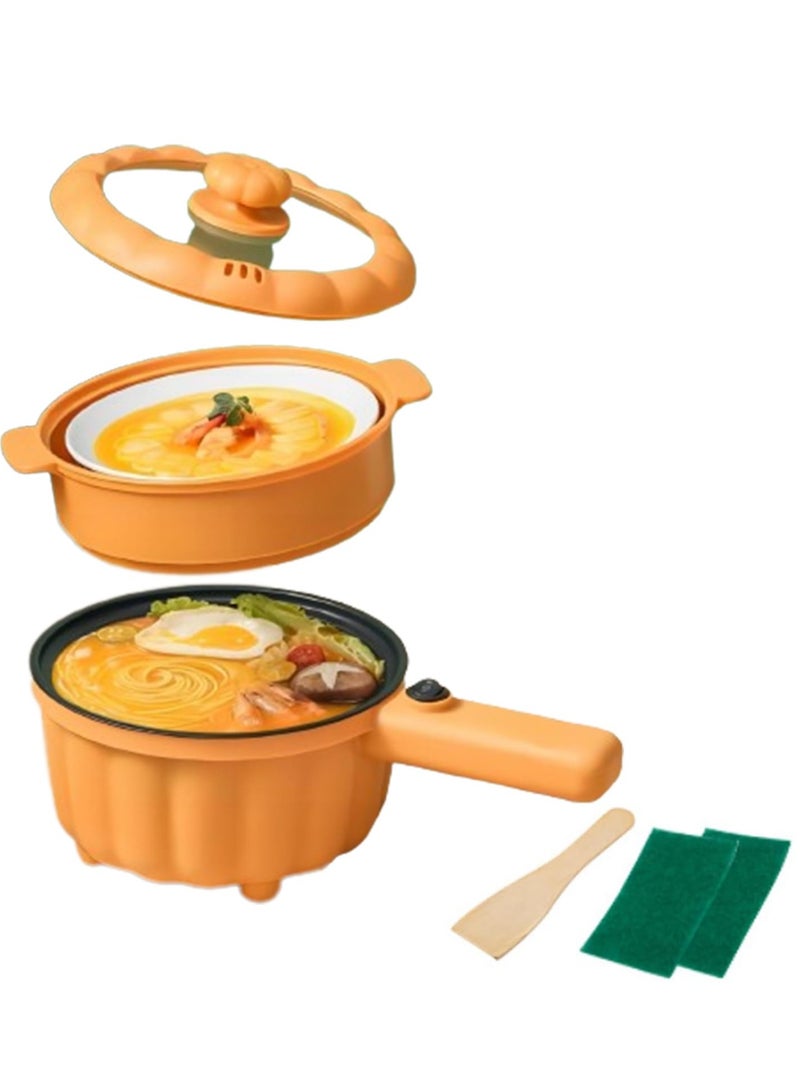 XiuWoo Electric Frying Pan with Steamer,2L Non-Stick Electric Pan for Sauté, Pumpkin Shaped Electric Hot Pot, Multifunction Portable Travel Cooker, for Ramen Noodles/Pasta/Egg/Oatmeal, Orange, with Steamer - Image 1