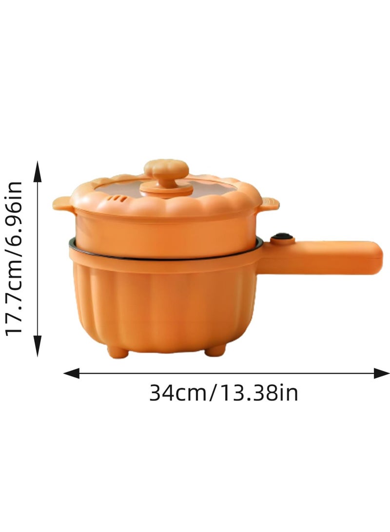 XiuWoo Electric Frying Pan with Steamer,2L Non-Stick Electric Pan for Sauté, Pumpkin Shaped Electric Hot Pot, Multifunction Portable Travel Cooker, for Ramen Noodles/Pasta/Egg/Oatmeal, Orange, with Steamer - Image 2