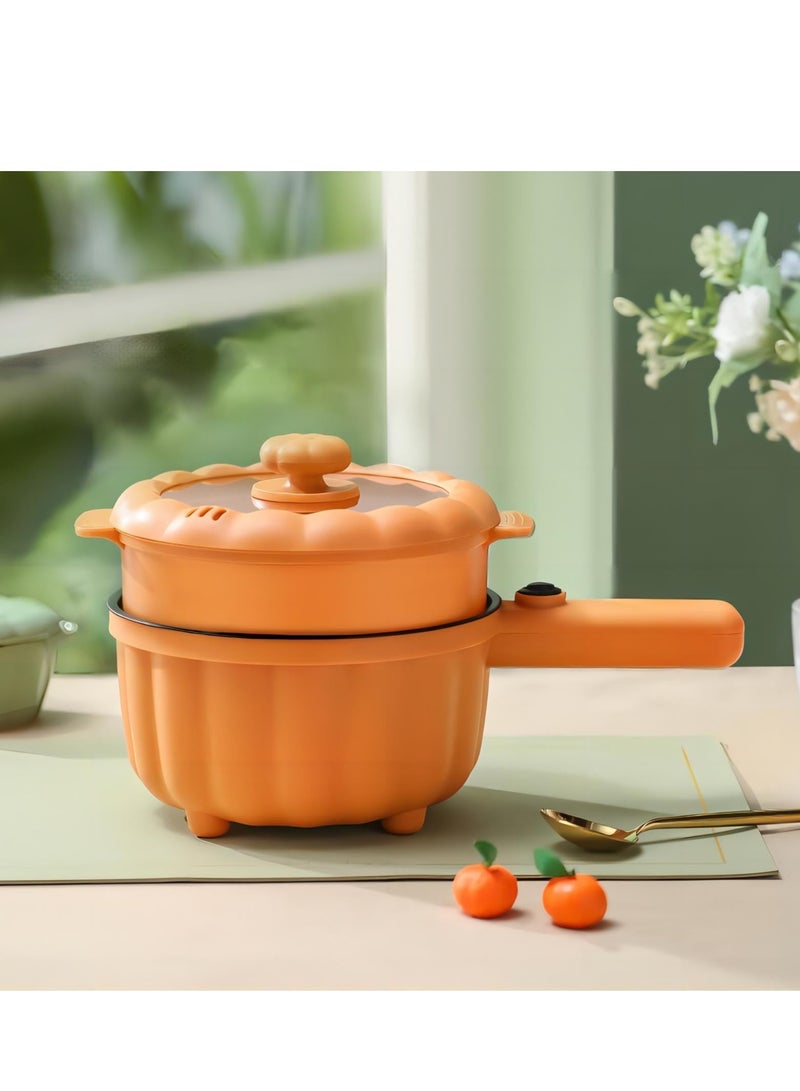 XiuWoo Electric Frying Pan with Steamer,2L Non-Stick Electric Pan for Sauté, Pumpkin Shaped Electric Hot Pot, Multifunction Portable Travel Cooker, for Ramen Noodles/Pasta/Egg/Oatmeal, Orange, with Steamer - Image 3