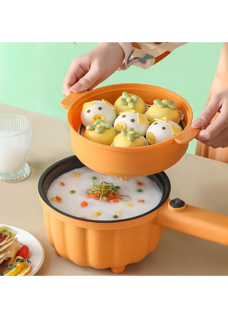 XiuWoo Electric Frying Pan with Steamer,2L Non-Stick Electric Pan for Sauté, Pumpkin Shaped Electric Hot Pot, Multifunction Portable Travel Cooker, for Ramen Noodles/Pasta/Egg/Oatmeal, Orange, with Steamer - Image 4