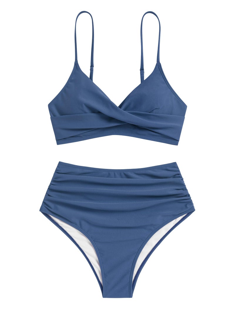 ZAFUL Women Swim Suit for Women 2023 High Waisted Bikini Sets Blue Two Piece Swimsuit Push Up Twist Front Ruched Bathing Suit Blue L - Image 4
