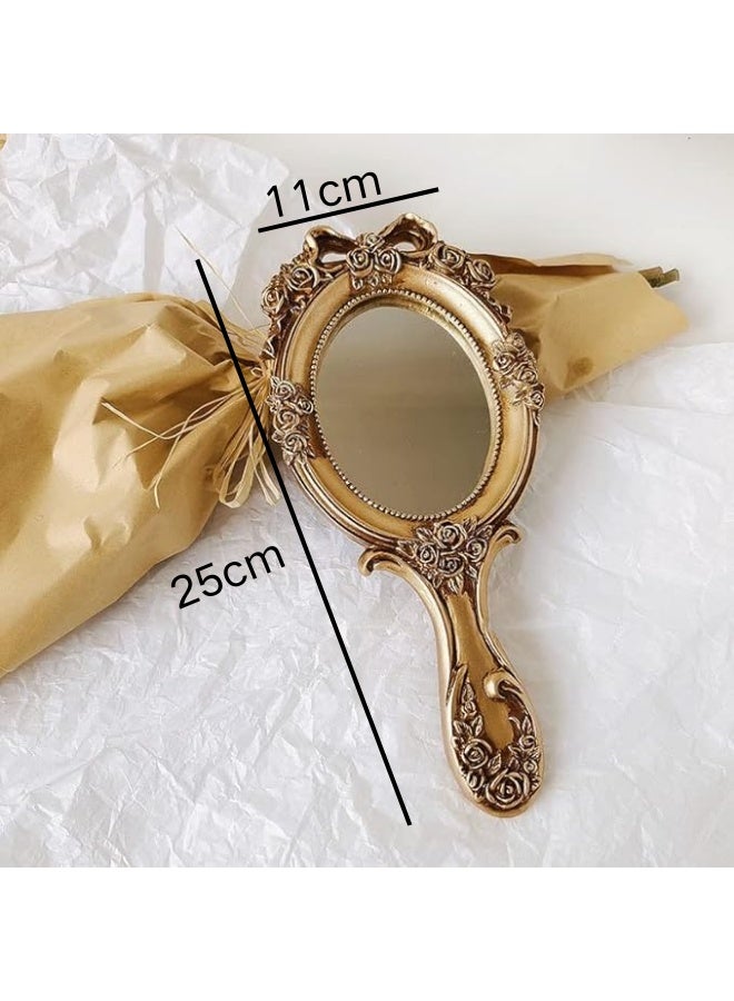 دوغي مرآة يدوية بحنين، مرآة مكياج للحمام بمقبض، مرآة يد مزخرفة بورد مائية للأميرات، مرآة محمولة للسفر، مرايا مكياج زينة بمقبض، ذهبية - Image 2