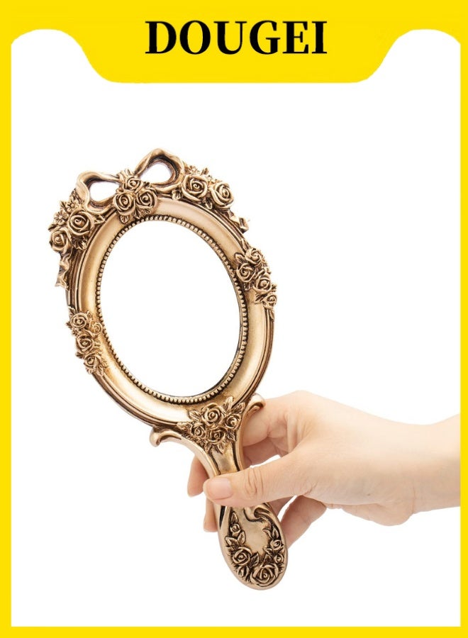 دوغي مرآة يدوية بحنين، مرآة مكياج للحمام بمقبض، مرآة يد مزخرفة بورد مائية للأميرات، مرآة محمولة للسفر، مرايا مكياج زينة بمقبض، ذهبية - Image 1