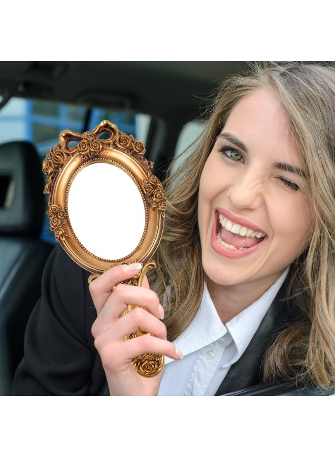 دوغي مرآة يدوية بحنين، مرآة مكياج للحمام بمقبض، مرآة يد مزخرفة بورد مائية للأميرات، مرآة محمولة للسفر، مرايا مكياج زينة بمقبض، ذهبية - Image 5
