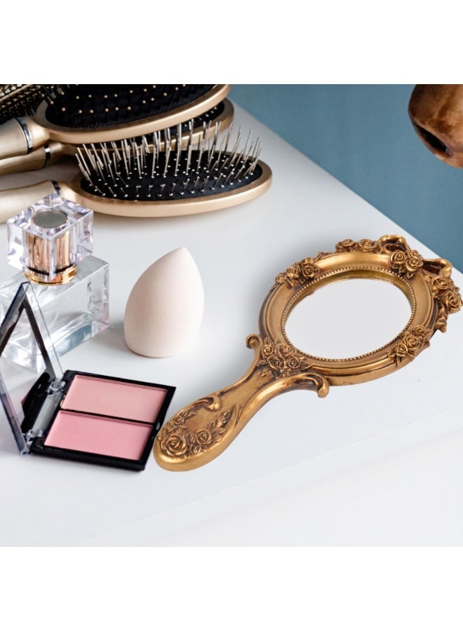 دوغي مرآة يدوية بحنين، مرآة مكياج للحمام بمقبض، مرآة يد مزخرفة بورد مائية للأميرات، مرآة محمولة للسفر، مرايا مكياج زينة بمقبض، ذهبية - Image 4