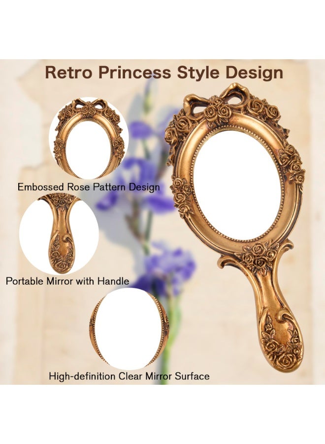 دوغي مرآة يدوية بحنين، مرآة مكياج للحمام بمقبض، مرآة يد مزخرفة بورد مائية للأميرات، مرآة محمولة للسفر، مرايا مكياج زينة بمقبض، ذهبية - Image 3