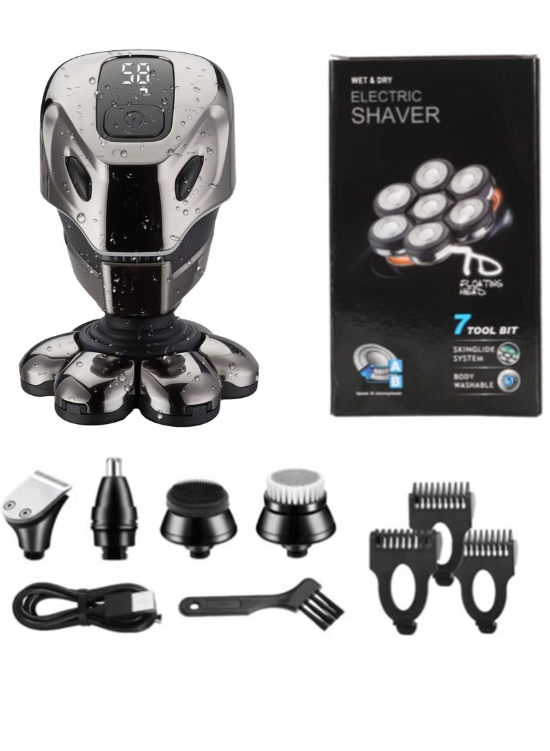 Generic 7D Electric Head Shave for Men 5-in-1 Electric Razor for Bald Men Cordless Rechargeable USB Waterproof Wet/Dry Rotary Shaver Grooming Kit with LED Display Screen  - Image 4