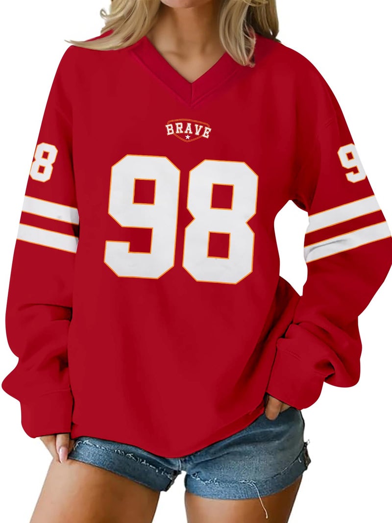 MYHALF Jersey Shirts for Women Cute Number Graphic Sweatshirts V Neck Tshirt Casual Y2k Streetwear Long Sleeve Tops - Image 1