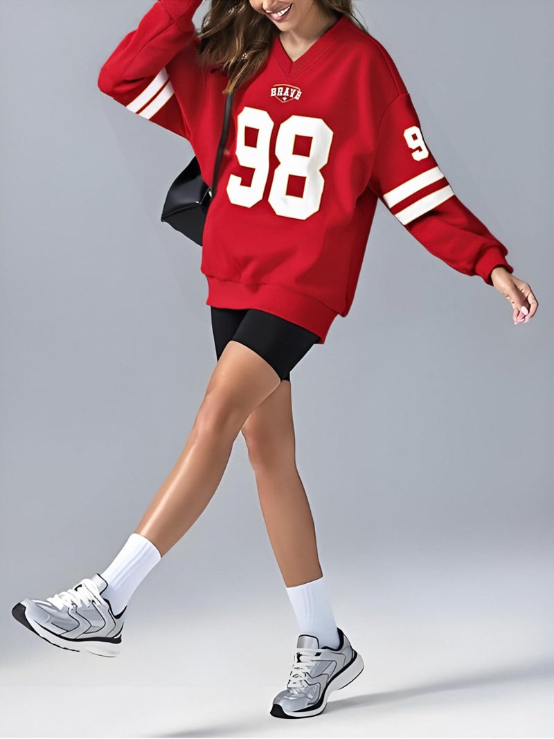 MYHALF Jersey Shirts for Women Cute Number Graphic Sweatshirts V Neck Tshirt Casual Y2k Streetwear Long Sleeve Tops - Image 2
