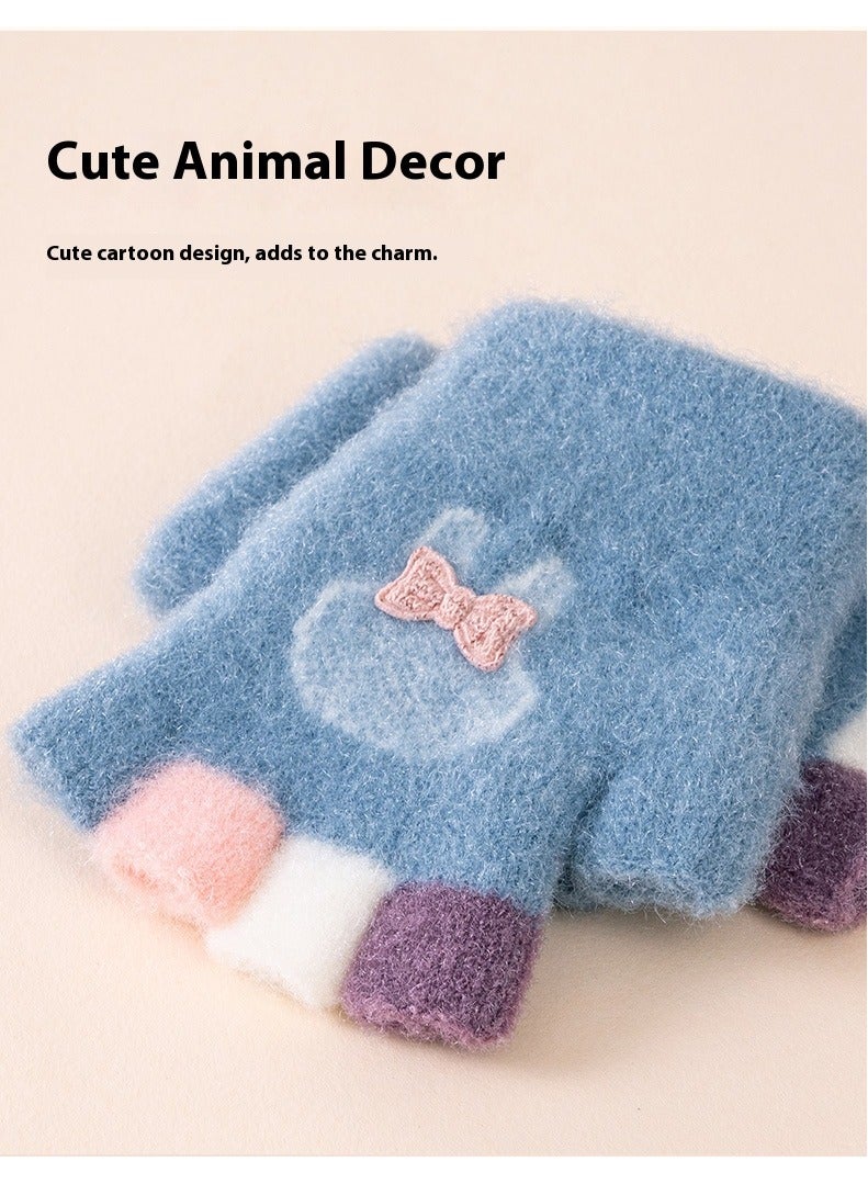 قفازات أطفال كرتونية دافئة شتوية مضادة للتجمد بأصابع مقسمة باللون الأزرق - Image 4