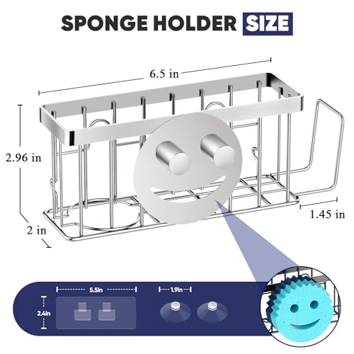 MURLONG Sponge Holder for Kitchen Sink,Sink Caddy Smiley Face,4-in-1 Sponge Holder with Suction Cups & 1 PCS Adhesive Strips for Holding Soap,Brush,Scrubber,Sponge,Stopper-Silver - Image 2