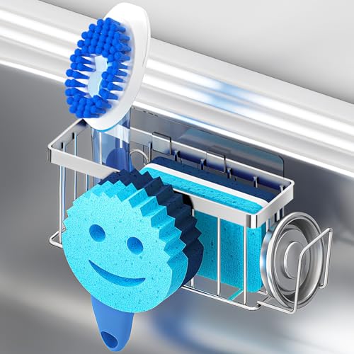 MURLONG Sponge Holder for Kitchen Sink,Sink Caddy Smiley Face,4-in-1 Sponge Holder with Suction Cups & 1 PCS Adhesive Strips for Holding Soap,Brush,Scrubber,Sponge,Stopper-Silver - Image 1