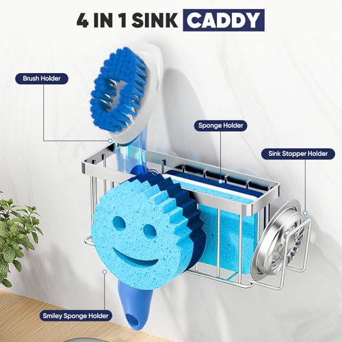 MURLONG Sponge Holder for Kitchen Sink,Sink Caddy Smiley Face,4-in-1 Sponge Holder with Suction Cups & 1 PCS Adhesive Strips for Holding Soap,Brush,Scrubber,Sponge,Stopper-Silver - Image 5