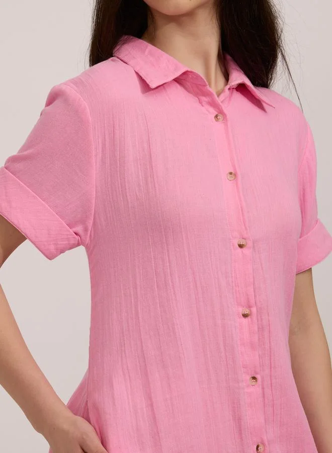 OUTZIDR Pink Solid Cotton Shirt Mini Dress