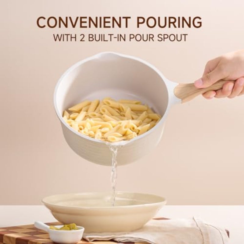 2.5 Quart Saucepan with Lid for Cooking on Induction Stoves, Stone-Coated Nonstick Beige Sauce Pan and Milk Pan - Image 5