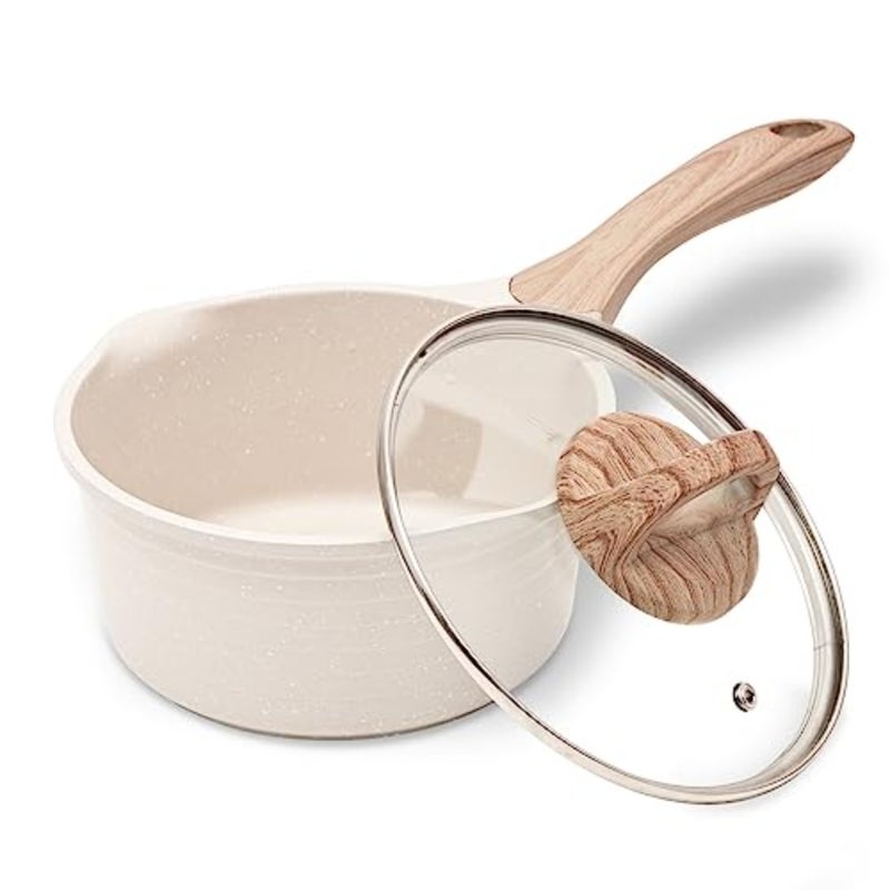 2.5 Quart Saucepan with Lid for Cooking on Induction Stoves, Stone-Coated Nonstick Beige Sauce Pan and Milk Pan - Image 1