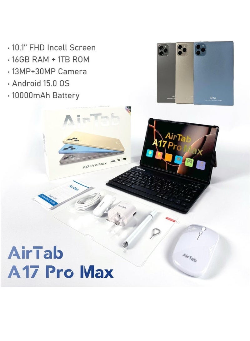 AirTab تابلت ذكي 10.1 بوصة A17 PRO MAX | أندرويد 13 | 1 تيرابايت ذاكرة داخلية + 16 جيجابايت ذاكرة عشوائية | واي فاي + 4G LTE شريحة مزدوجة | معالج رباعي النواة عالي السرعة | تابلت فضي مع قلم لمسي وقاعدة مفككة | شاشة بدقة Full HD | مثالي للعمل والألعاب والتعليم - Image 1