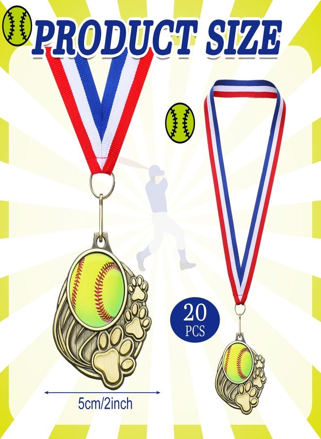 Trnayi 20 Pcs Paw Print Medals with Neck Ribbons 2'' Gold Medal for Awards Winner Encourage Team Participation for Kids Adults Trophy Award Prize Gift Team Competitions Party Favor Gifts(Softball) - Image 2