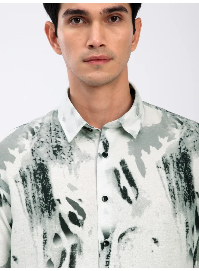 Beyoung White Abstract Brush Stroke Printed Shirt