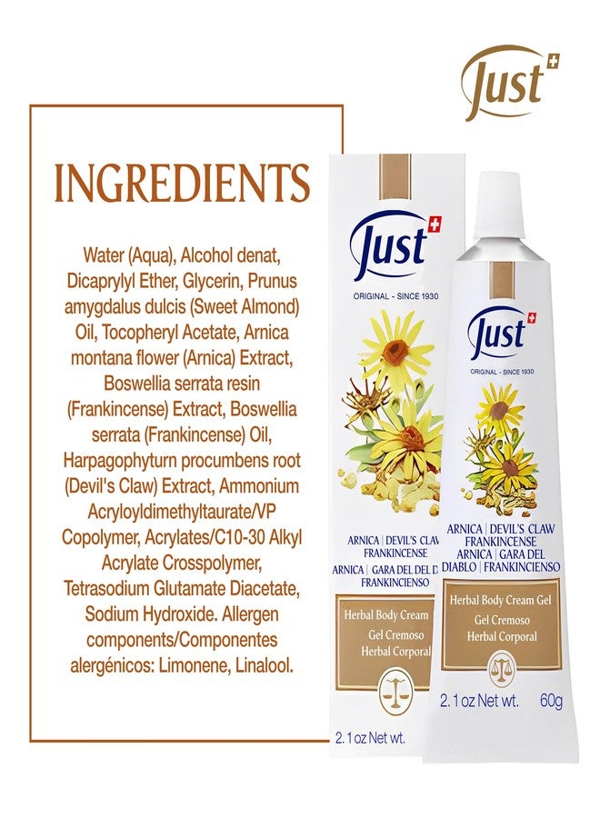SwissJust Swiss Just Arnica Gel, Arnica Creamy Gel 60g. Arnica Cream w/Devils Claw & Frankincense Oil. A Gentle Massage Cream on Wrists, Fingers, Knees, Ankles, Joints, Waist, Neck, and Back. - Image 2