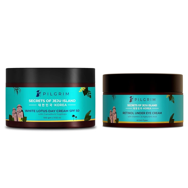 PILGRIM Pilgrim Skin Brightening Power Duo White Lotus Day Cream Spf 50 100G Retinol Under Eye Cream 30G Sun Protection Reduces Dark Circles Eye Bags For Men Women All Skin Type 