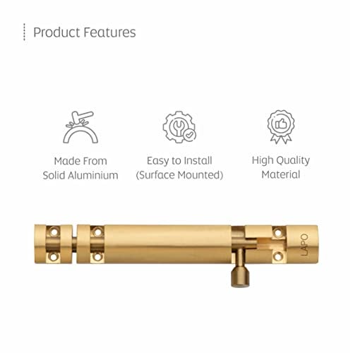 LAPO 2 Pack Heavy Duty 12 Inch Aluminium Tower Bolt for Wooden and PVC Door/Kundi/Chitakni for Windows Tower Bolt/Door Lock Latch for Main Doors (PVD Gold Finish, Pack of 2) - Image 5