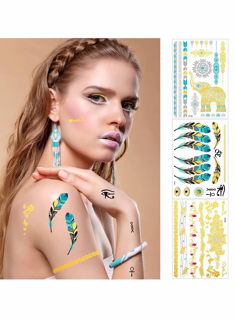 واي آند دي 12 ورقة من الأوشام المؤقتة المعدنية للفتيات والنساء ، وشم مزيف بتصميم لامع وذهبي وفضي ومجوهرات على شكل فراشة الطوطم القبلية فيل وريش مضاد للماء وتزيين للوجه والذراع - Image 4
