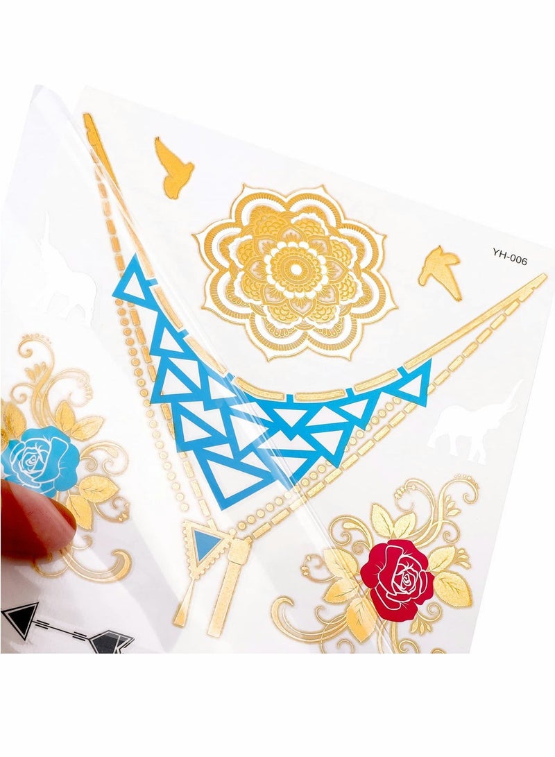 واي آند دي 12 ورقة من الأوشام المؤقتة المعدنية للفتيات والنساء ، وشم مزيف بتصميم لامع وذهبي وفضي ومجوهرات على شكل فراشة الطوطم القبلية فيل وريش مضاد للماء وتزيين للوجه والذراع - Image 3